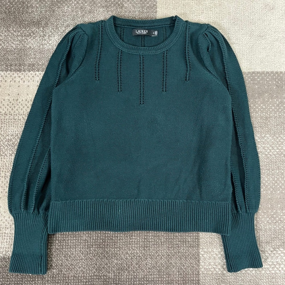 Lauren Ralph Lauren Women Knit Sweater Puff Sleeve Crew Neck Green Size L - Picture 1 of 6
